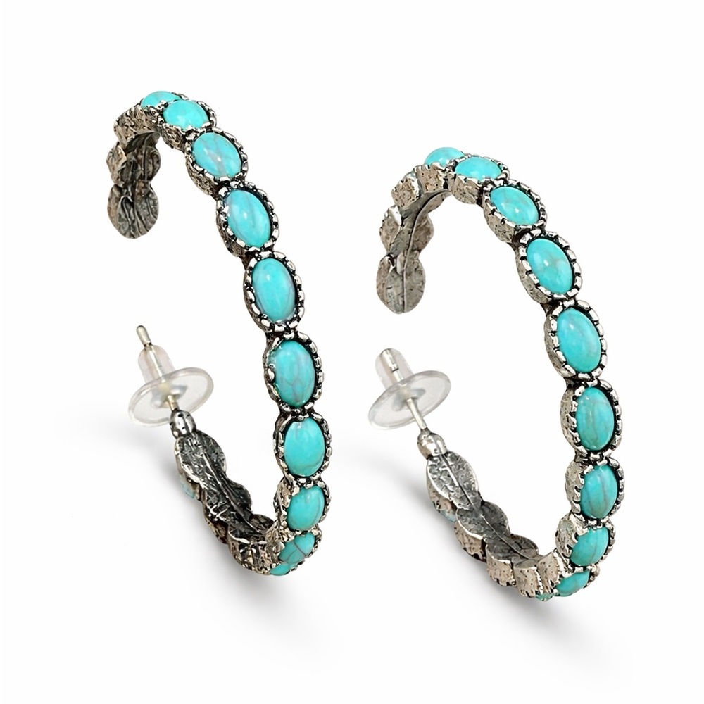 Turquoise Stone Hoop Earrings - Silver-Tone-NWOT-Hypoallergenic And Nickel Free!